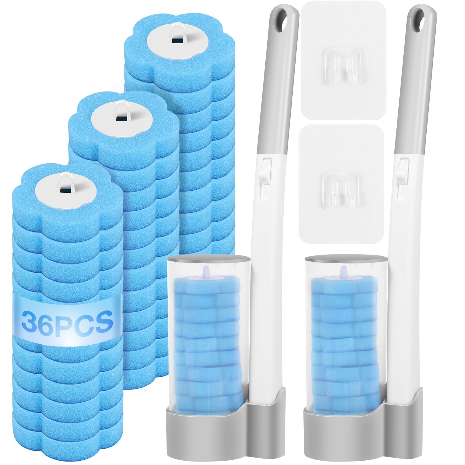 2 Pack Disposable Toilet Brush, WC Brush and Holder Set with 36 Cleaner Refills and Extended Handle for Toilet Bowl Cleaners, Bathroom Cleaning, Sink, Bathtub, Floor(Sea Fragrance)