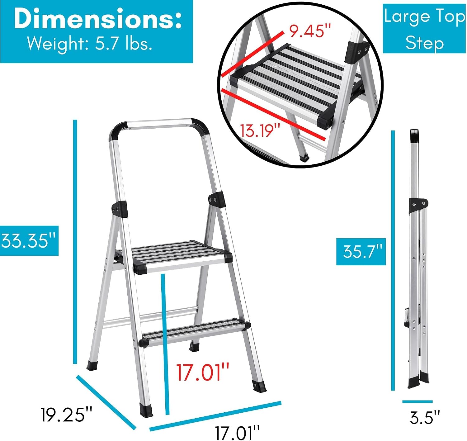 BirdRock Home 2-Step Aluminum Step Ladder - Sturdy Thin Folding Stool - 2 Anti-Slip Steps - Wide Platform - Great for Your Kitchen, Pantry, Closets, or Home Office - Modern Stool - Indoor - Silver