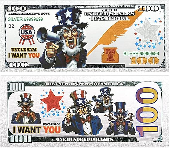 4pc/Set Uncle Sam, I Want You Silvery Banknote, 100 Dollar Plastic Money Collectibles Commemorative Bills Gifts