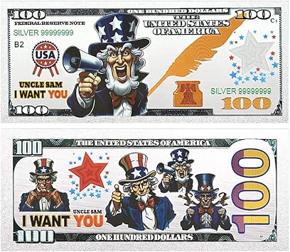 4pc/Set Uncle Sam, I Want You Silvery Banknote, 100 Dollar Plastic Money Collectibles Commemorative Bills Gifts