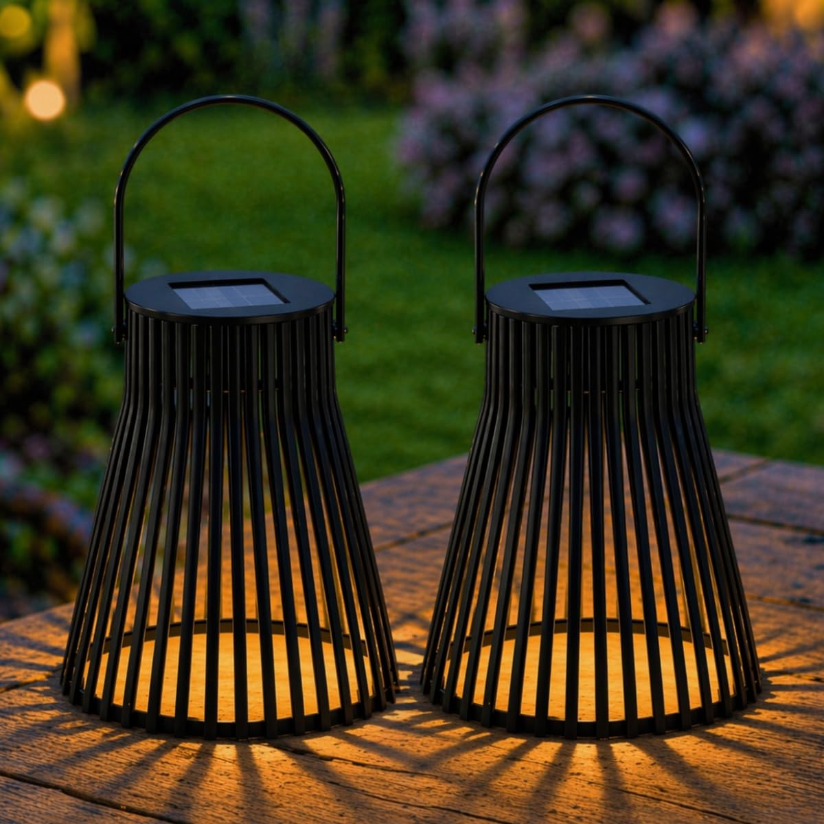 Festive Lights - Pack of 2 Solar Powered Black Slatted Garden Lanterns – 14cm Outdoor Lighting, Warm White Static LED, Hanging or Tabletop Patio & Decking Decoration, IP44 Waterproof
