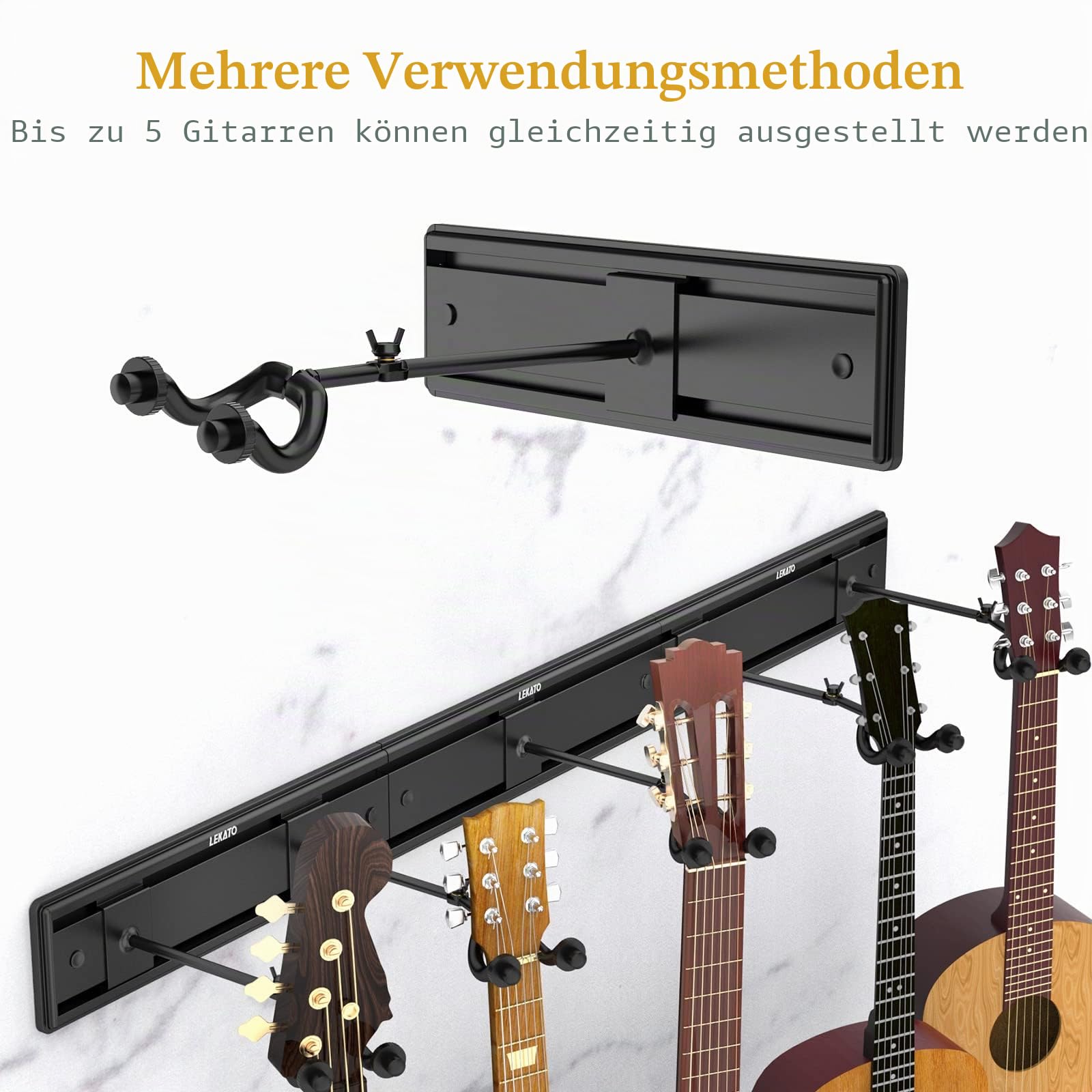 LEKATO Wandhalterung Gitarrenaufhänger Basshalter E-Gitarrenständer zum Halten von 5 Gutiars&Bass Aluminium-Lamellen-Wandschienensystem Metall-Gitarren-Rack-Nähdesign