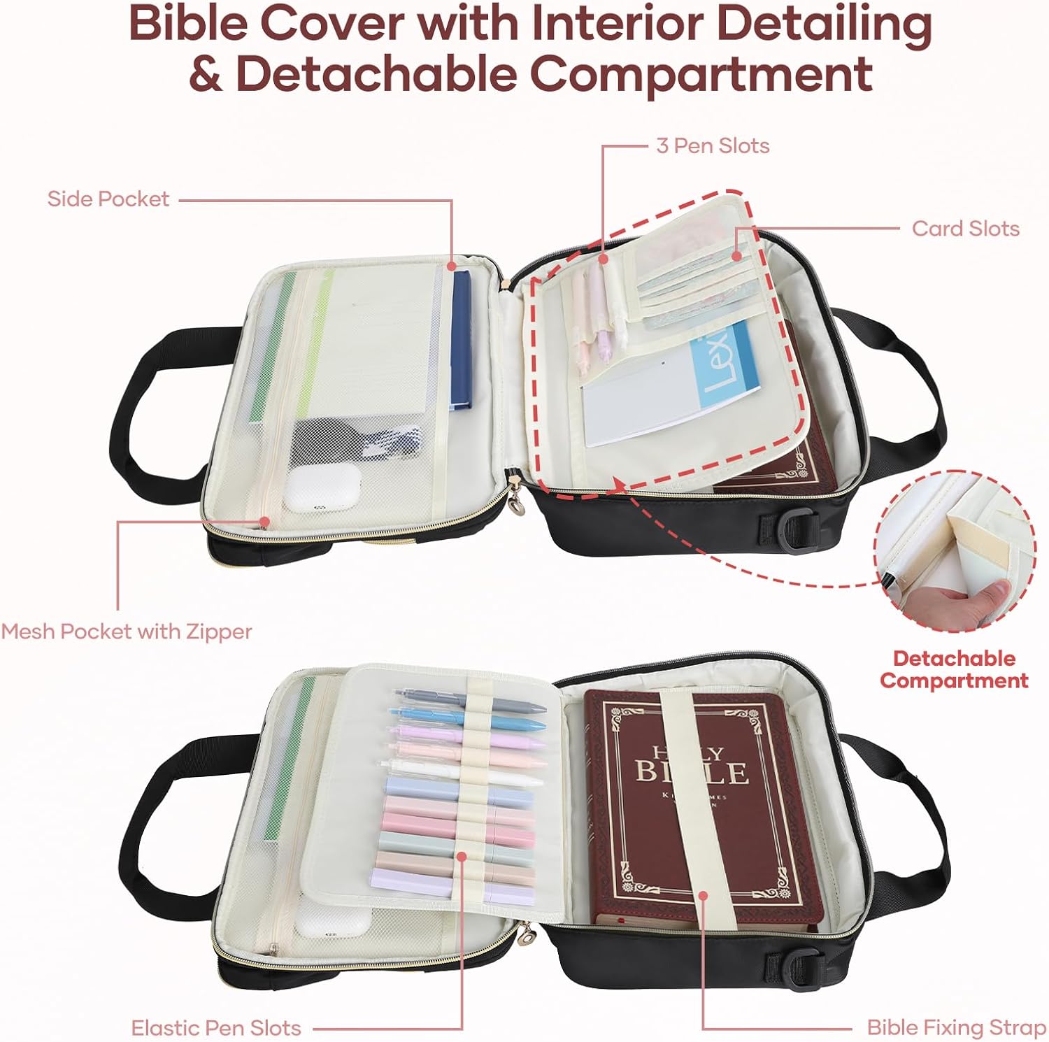 bible cover case for women, large bible bag with removable pencil case, water bottle pocket and shoulder strap for bible study supplies, church carrying journaling kit, christian gift for women black