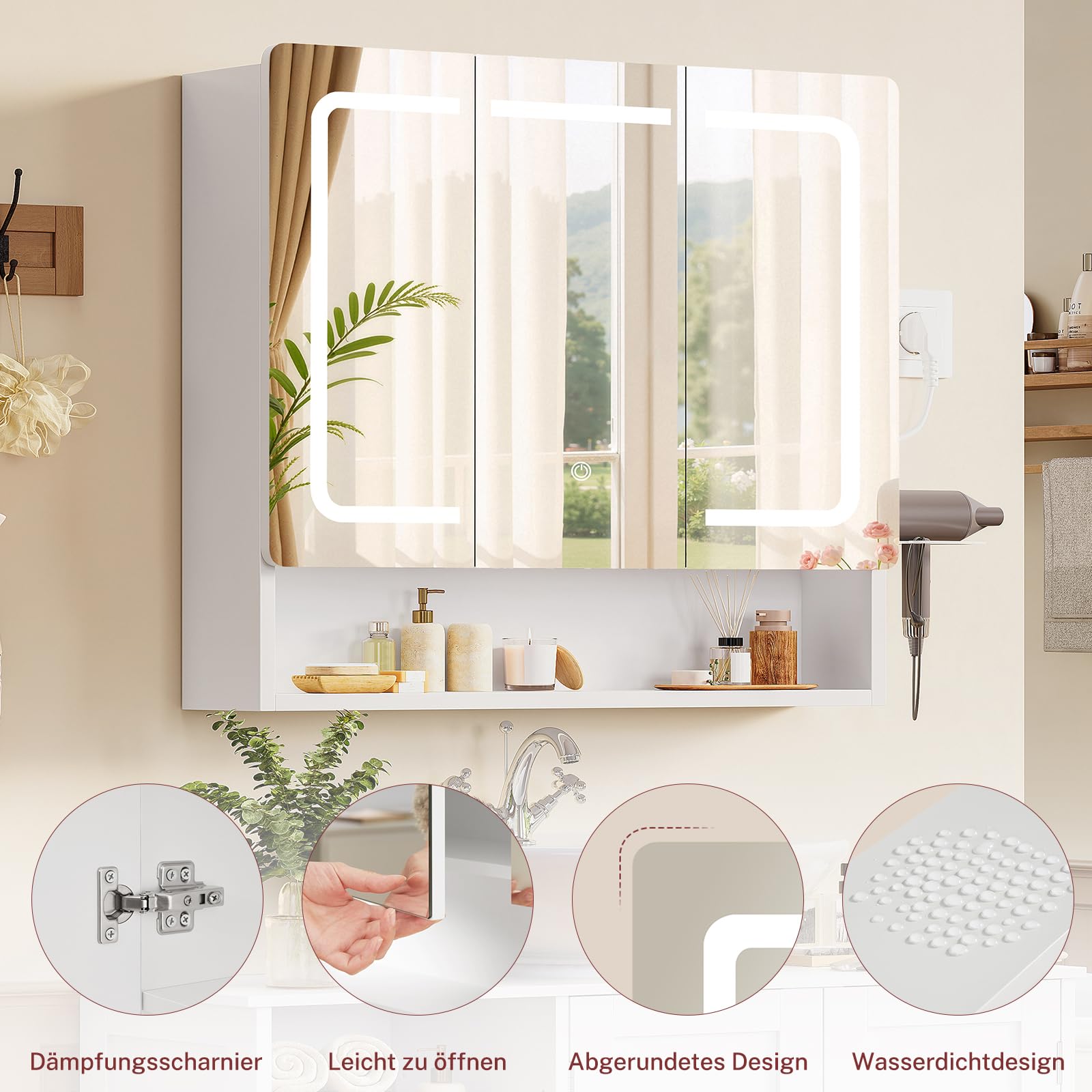 TEENFON Spiegelschrank Bad mit Beleuchtung LED, Badezimmer Spiegelschrank mit Klappspiegel und Steckdose, 3-Fach Farbtemperatur dimmbar, Haartrockner-Halter, verstellbare Ablagen, 70x15x65cm