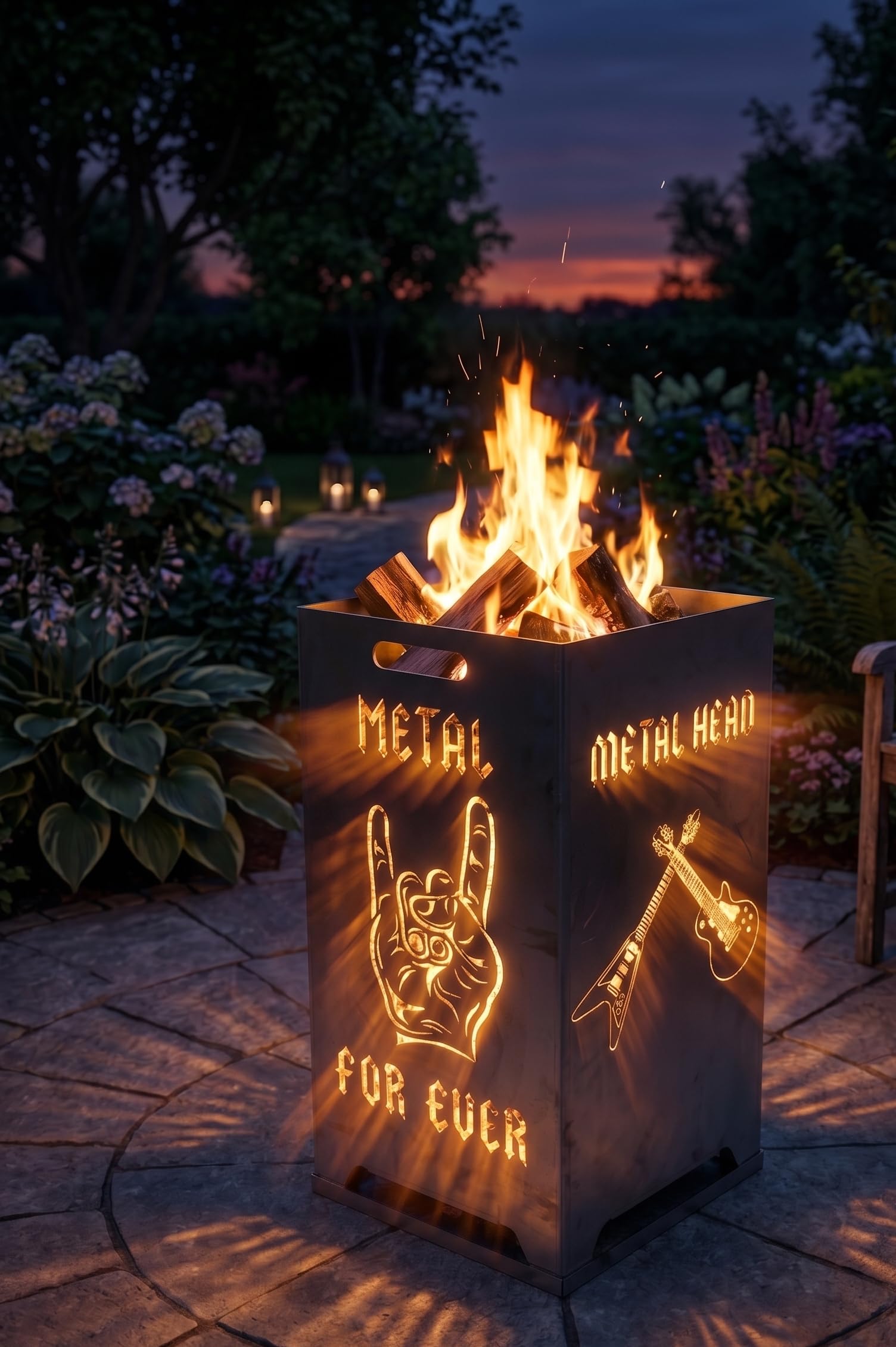 Heavy Metal Feuerkorb „Metal for Ever“ – Massive Feuertonne mit Schlagzeug & Pommesgabel Motiv, Hochwertige Metall-Feuerschale für Garten & Terrasse, komplett verschweißt