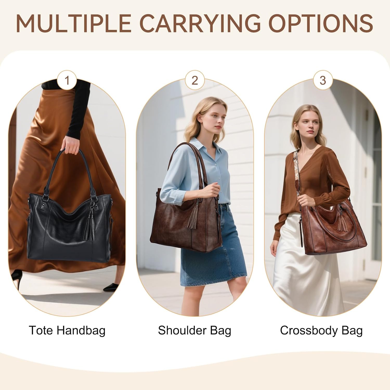 VASCHY Hobo Bag for Women, Leather Tote Bag Purse with Zipper Guitar Strap