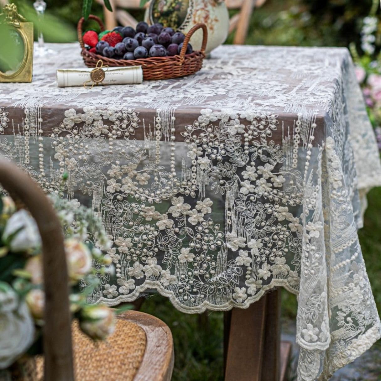 Tovaglia in pizzo vintage tinta unita 220x130 cm rotonda rettangolare per tavolo da pranzo