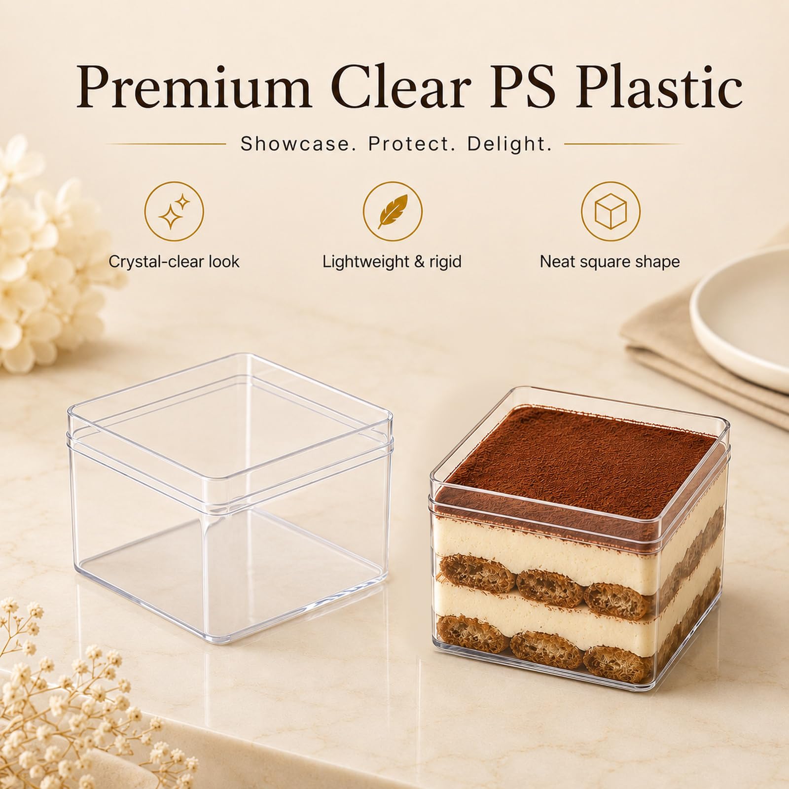 50 Pièces Gobelets à Dessert en Plastique avec Couvercles, 360ml Coupes à Dessert Carrées Coupe Apéritif Parfait Clair Bol de Service Réutilisable pour Pudding Mousse Party et idéal pour Tiramisu