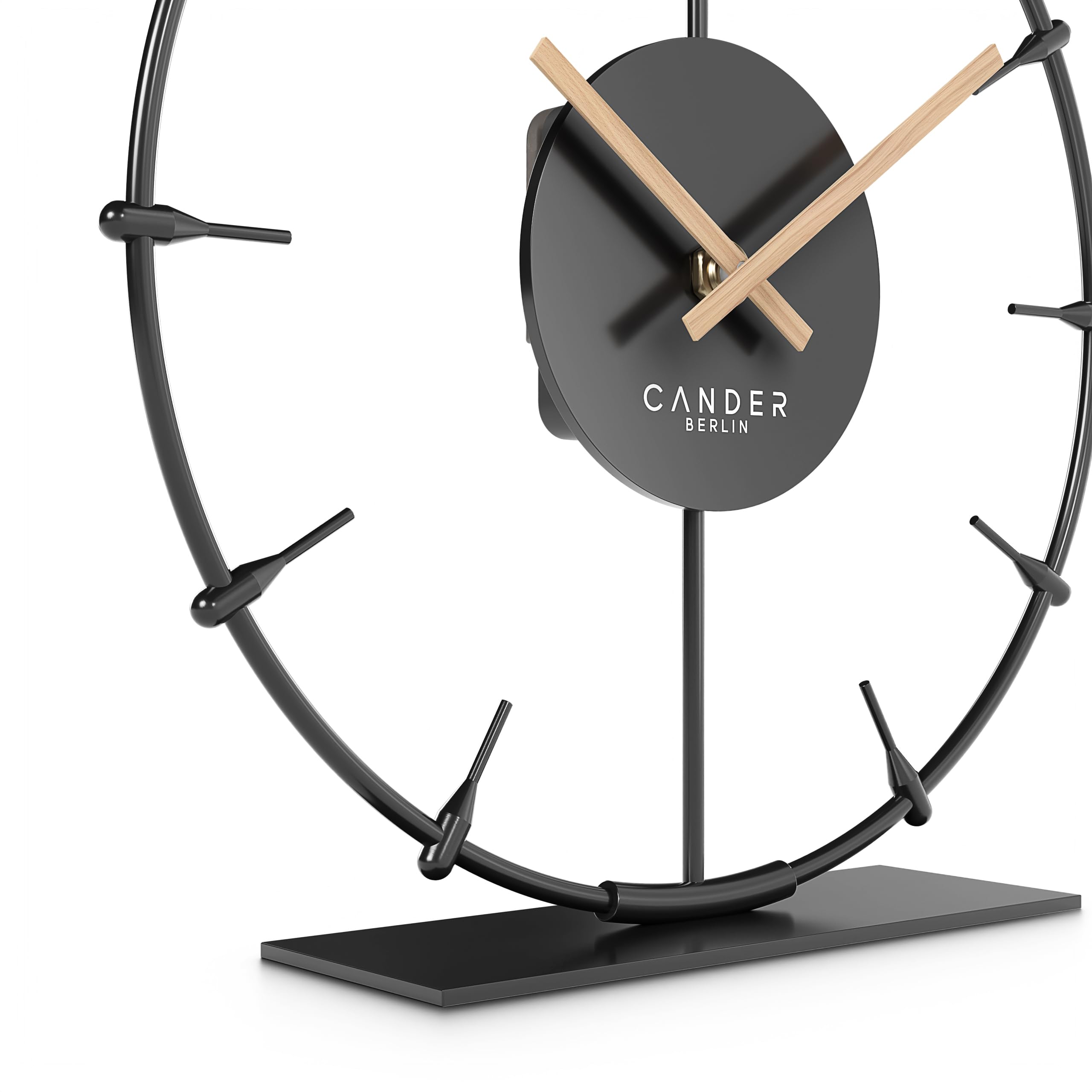 Cander Berlin Ilmera Reloj de mesa silencioso de 22 cm, metal, manecillas de madera, sin ruido de tictac, moderno, negro, salón, cocina, vintage