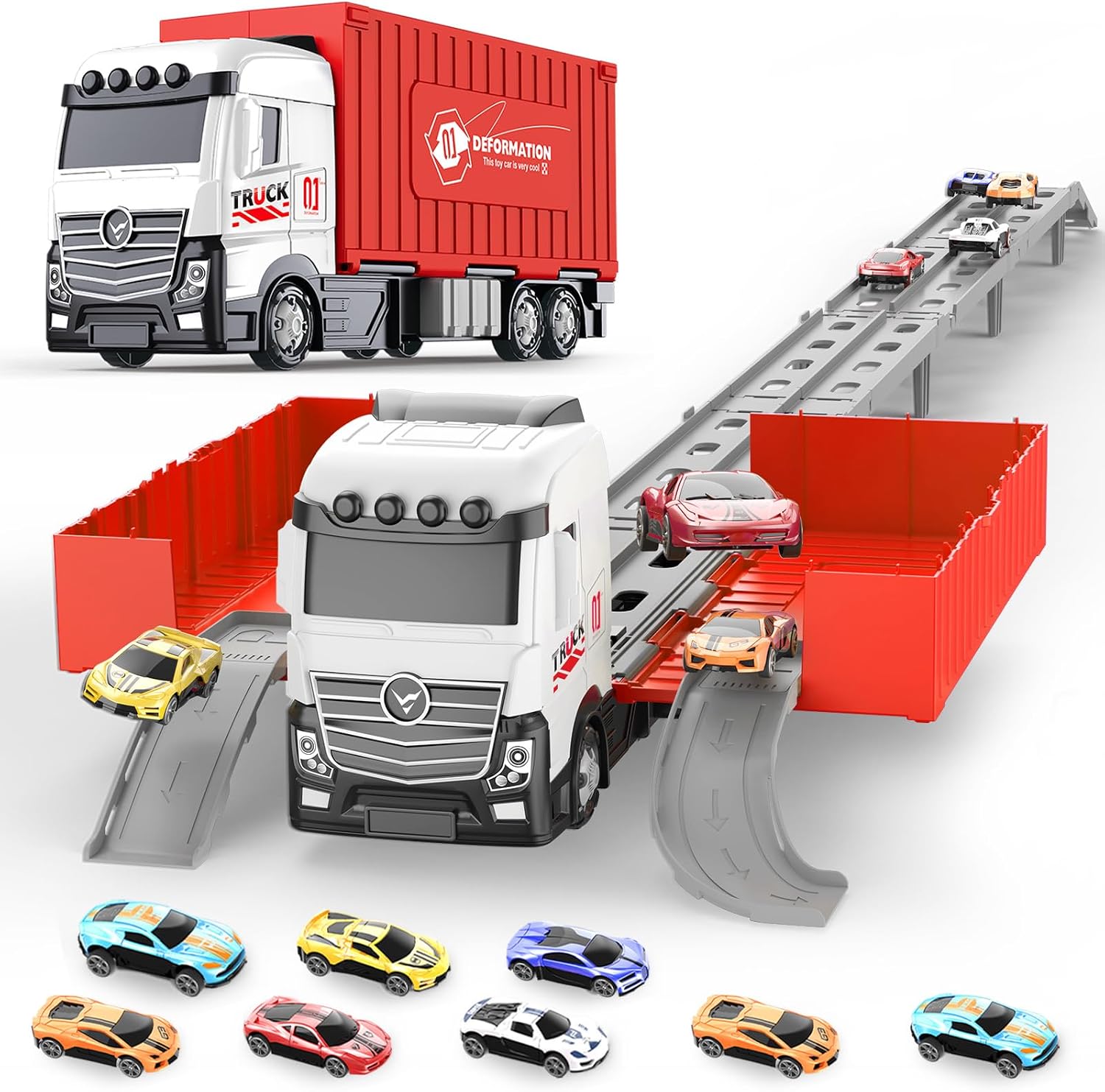 Transformable Truck & 3 Layer Race Track Playset, 62 inch Spring ...