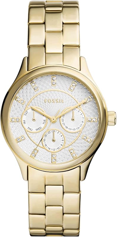 Moderno y sofisticado reloj multifunción de acero inoxidable en tono dorado
