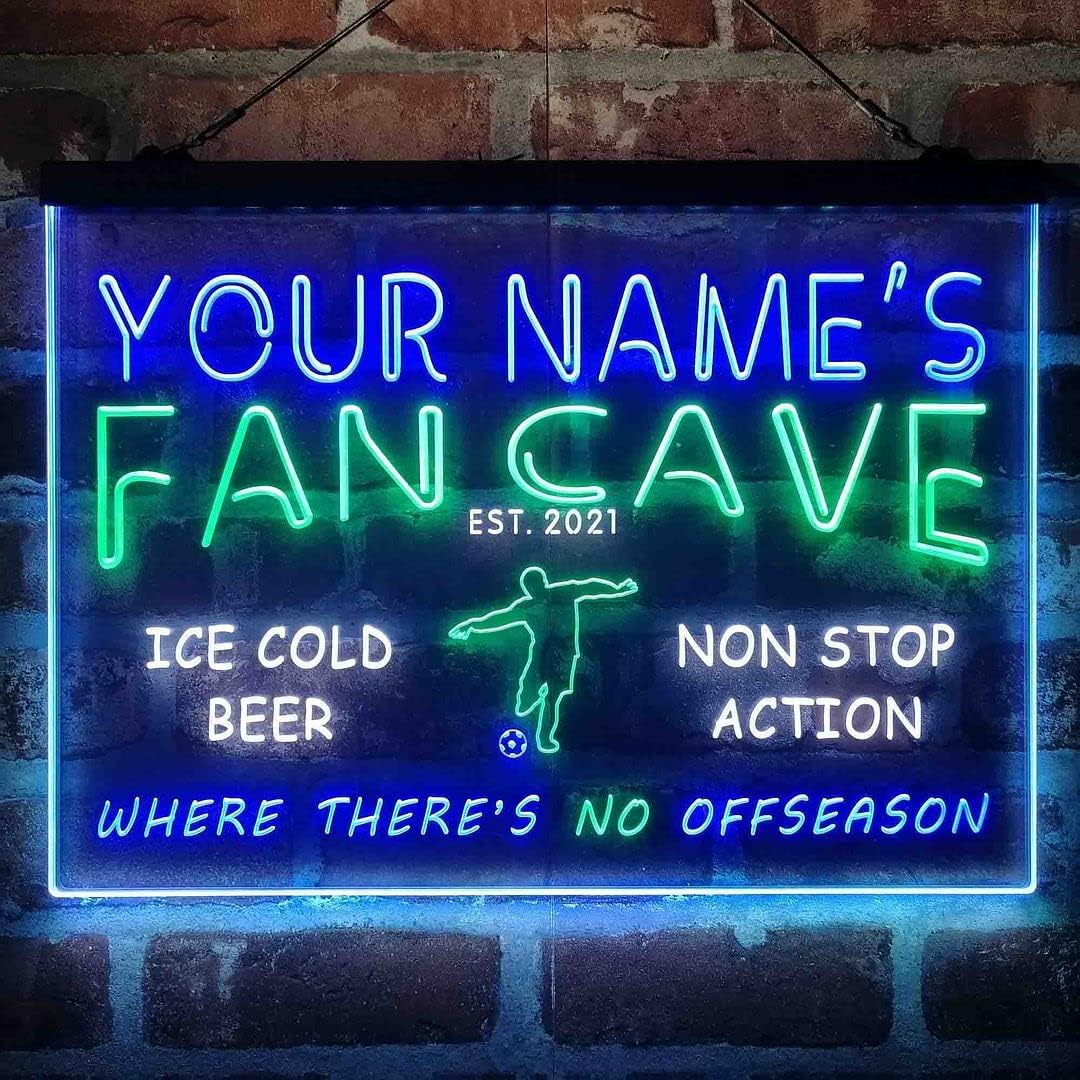 Personalized Soccer Fan Cave Tri-Color LED Neon Light Sign Customize Name Date Text Quote Font White & Green & Blue 17.7 x 13.6 Inches st9s43-th1-tm-wgb