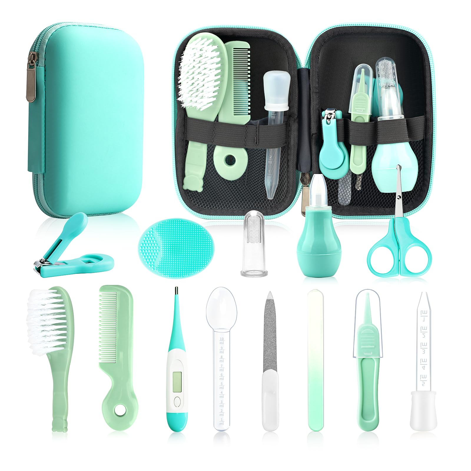 Kit de cuidado y aseo para bebés, 14 en 1, set de seguridad para bebés recién nacidos, incluye cepillo de pelo, báscula y cortaúñas (14 kits verdes).