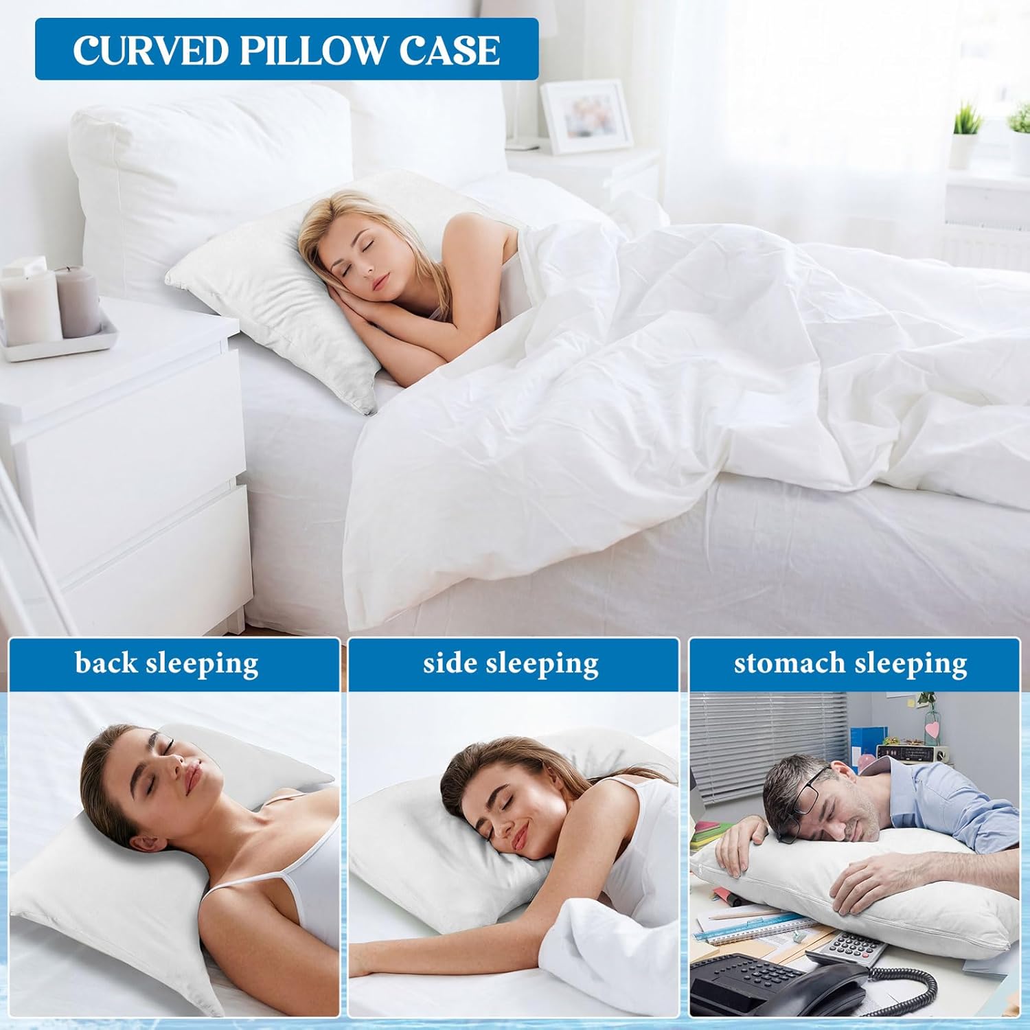 Hahafelt 2 Pack Cooling Curved Pillow Cases (Only Pillowcase) Queen Size Side Sleeper Pillow Covers with Zipper Breathable Cool Pillowcase for Hot Sleepers Hair and Skin, 20 x 30 inches(White)
