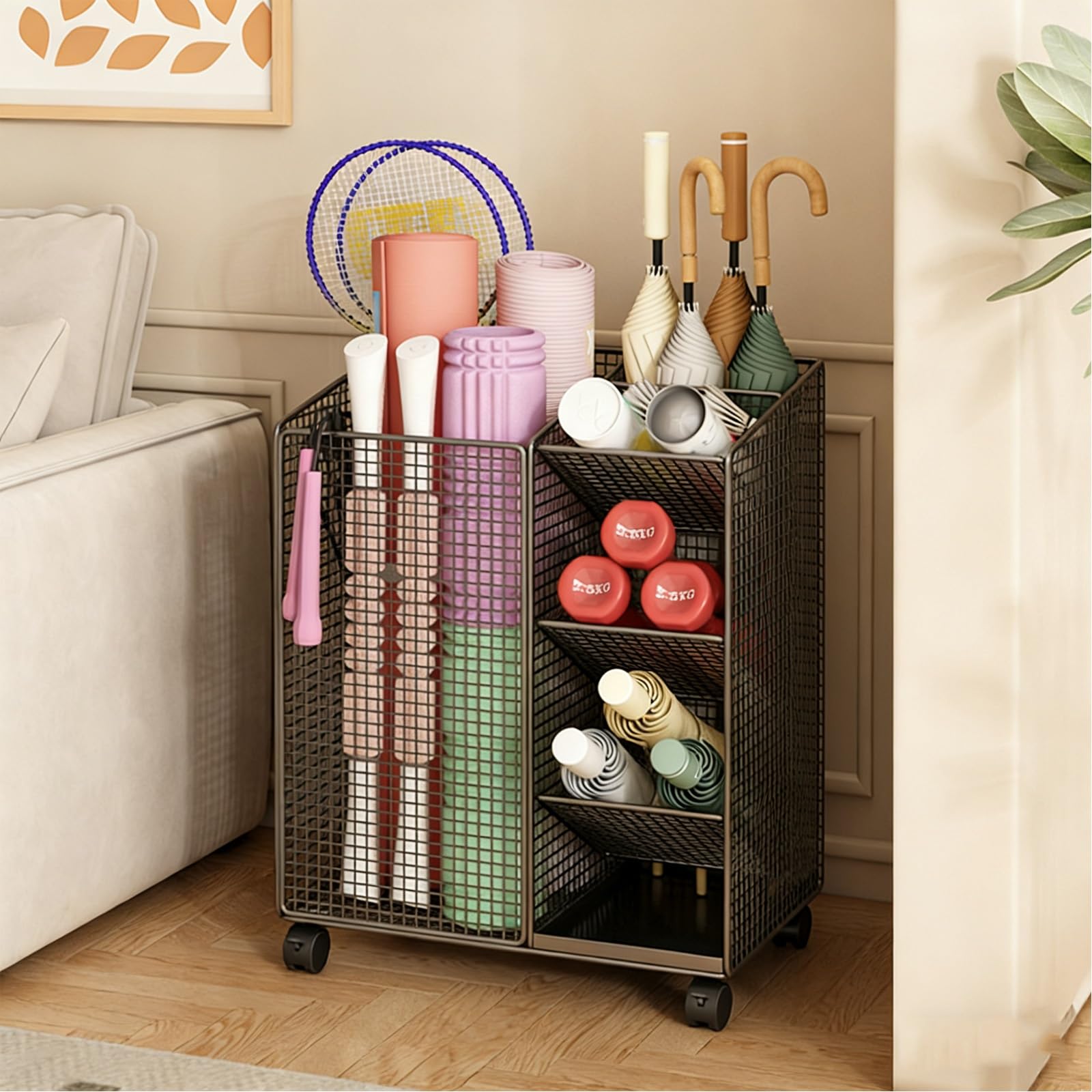 Support multifonction debout avec roulettes pour ranger tapis de yoga