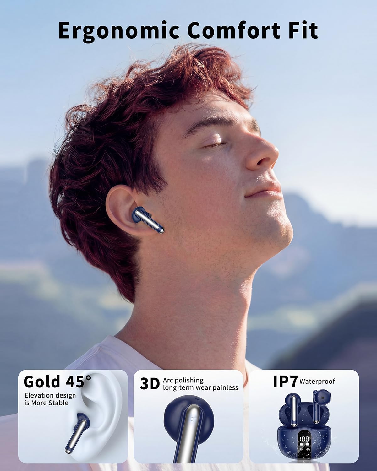 Wireless Earbuds, Bluetooth 5.4 Headphones HiFi Stereo, Ear Buds with 50H Playback, LED Display Wireless Earphones Clear Calls, IP7 Waterproof, Bluetooth Earbuds for Laptop/Phones/Sports, Blue