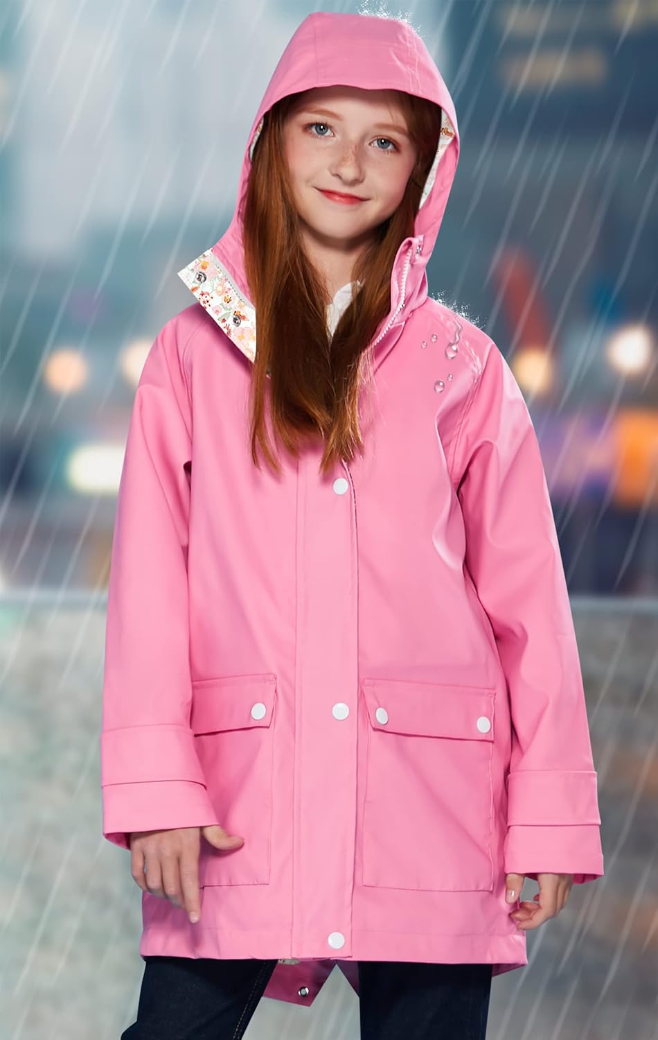 maoo garden Girls Rain Jackets Kids Waterproof Raincoat Lightweight Floral Lining Spring Windbreaker - Image 3