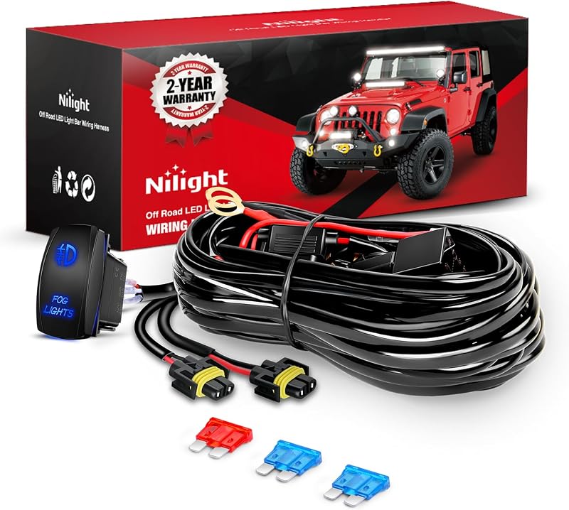 Kit chicote elétrico para farol de neblina Nilight 16 AWG com relé, fusível e interruptor rocker 12 V – 5 pinos