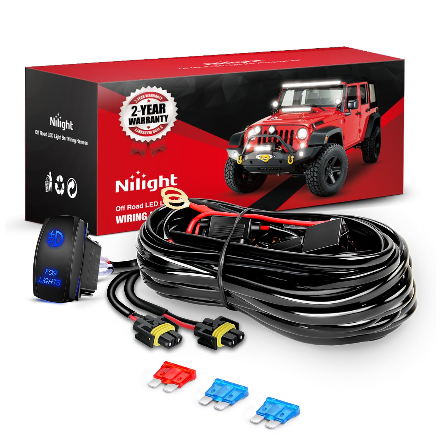 Nilight 16AWG Heavy Duty Wiring Harness Kit - 12V 5PIN Rocker Switch Relay Blade Fuse Socket Connector - Compatible with 9005 9006 9140 9145 HB3 H10 Fog Light Bulbs