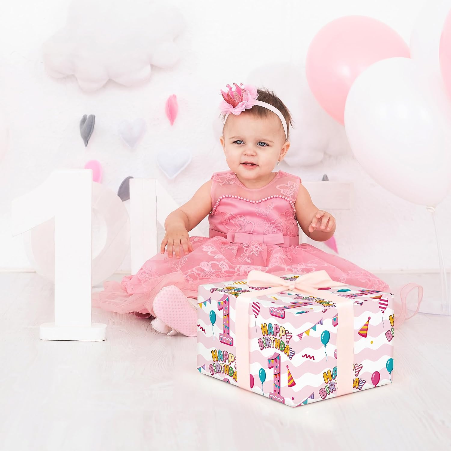 WRAPLULU Pink 1st Birthday Wrapping Paper for Girls– 4 Jumbo Sheets, 28 x 40 Inches – Baby Gift Wrap with HAPPY BIRTHDAY & 1", Perfect for Baby Girls First Birthday, Baby Shower or Toddler