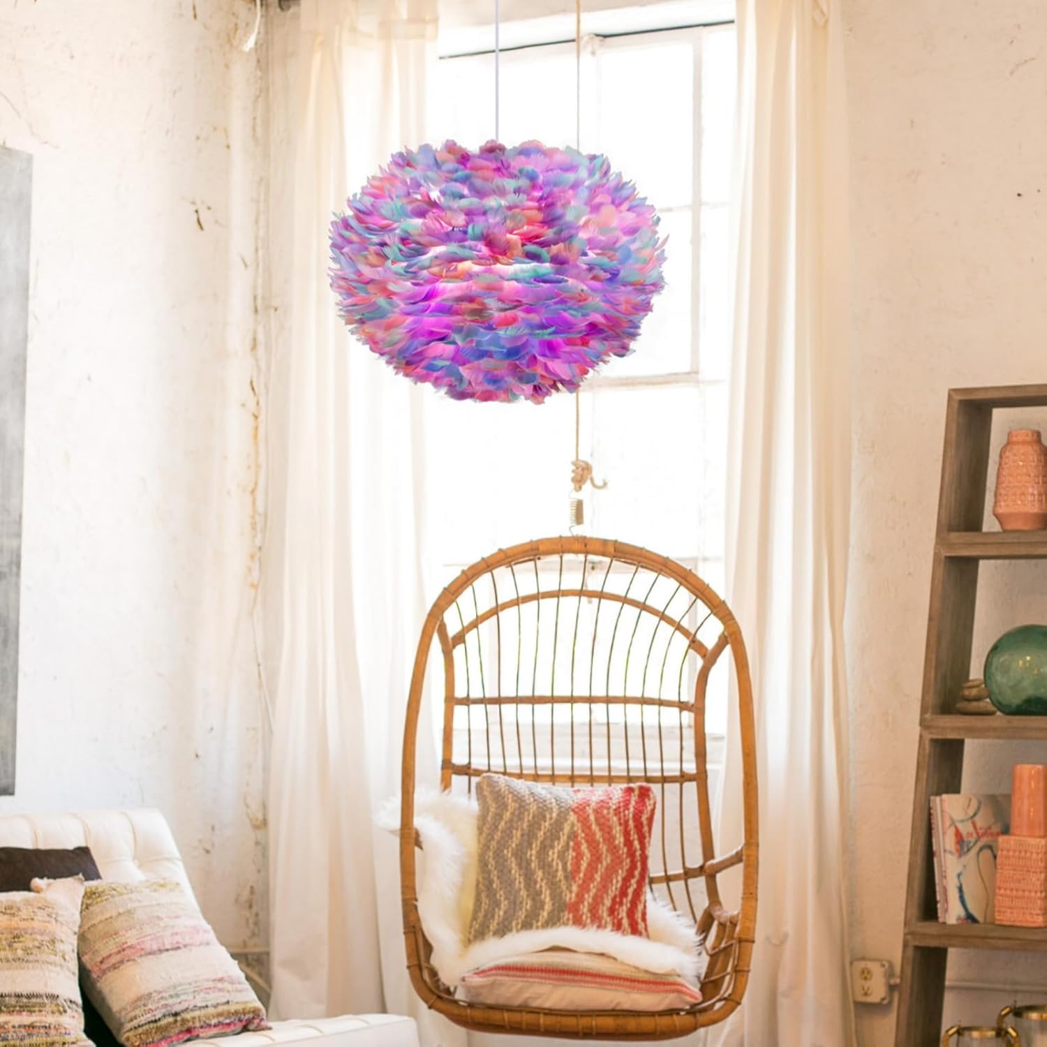 NZV Colorful Feather Chandeliers for Girls Room 15.8in Beautiful Feathers Chandelier Girls Bedroom Pendant Light Fixture Color Hanging Ceiling Lighting for Dining Room Kitchen Island Foyer Entryway