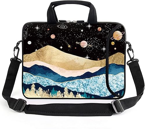 AMARY 15.4" 15.6" laptop sleeve adjustable shoulder strap with handle accessory pocket for men women (Mountains Galaxy)