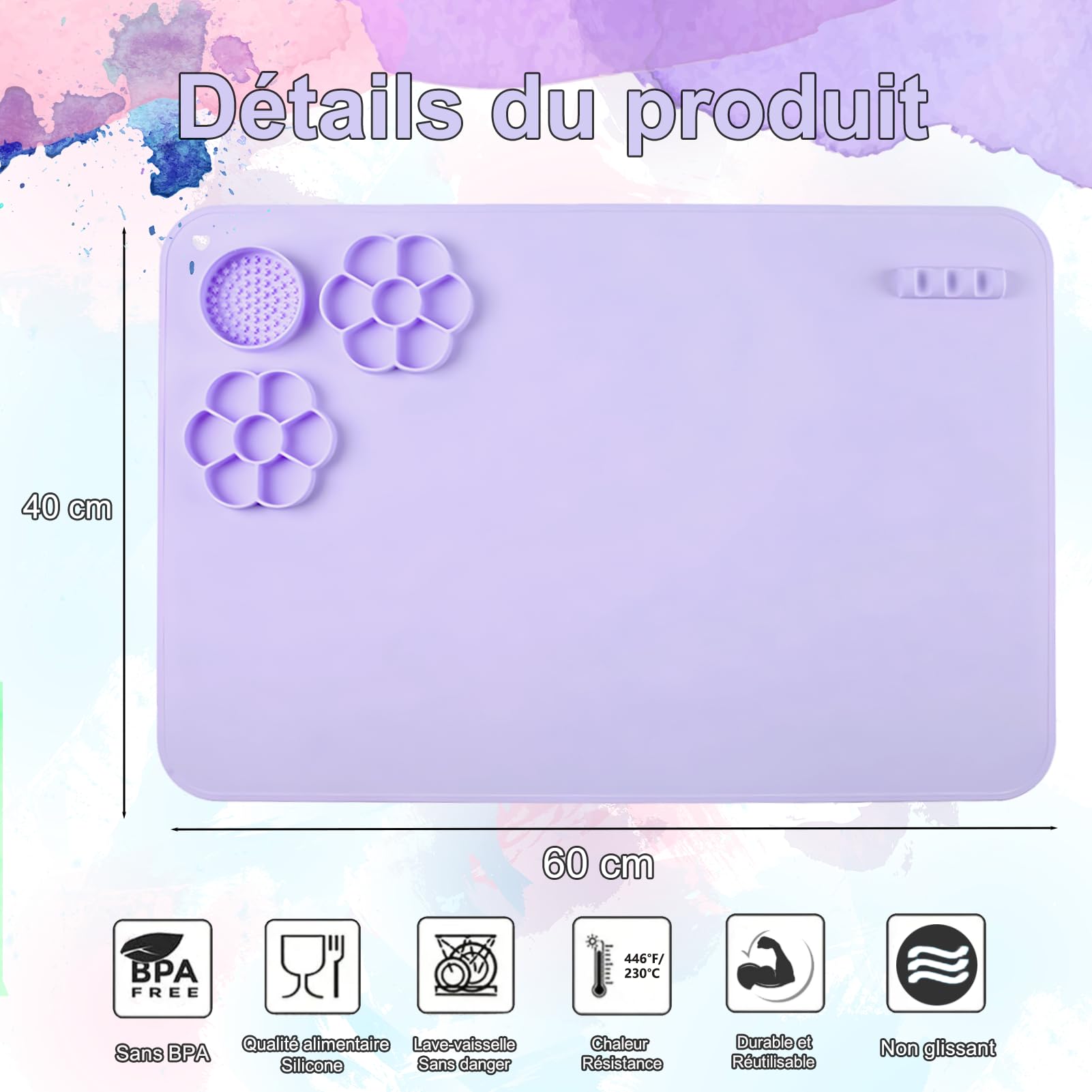 ComPDCVD Tapis de Peinture en Silicone 40x60cm avec Anneau de Rangement Grand Tapis de Bricolage Antiadhésif Pliable avec Bords Surélevés pour la Artisanat Sable L'argile et Loisirs Créatifs
