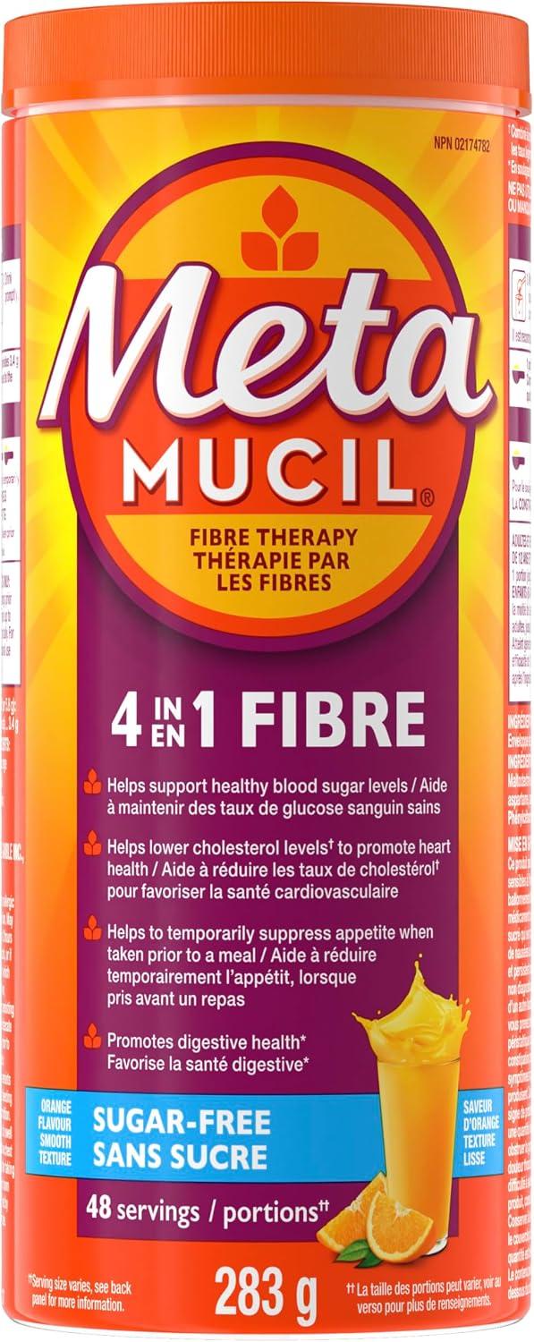 Metamucil, 4 in 1 Psyllium Husk Fibre Powder Supplement for Digestive Health, Orange Flavored, Sugar-Free, Smooth Powder, 48 Servings, 283g