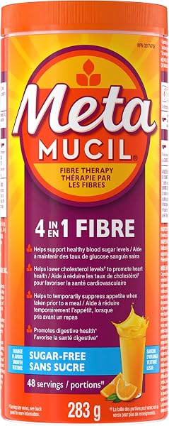 Metamucil, 4 in 1 Psyllium Husk Fibre Powder Supplement for Digestive Health, Orange Flavored, Sugar-Free, Smooth Powder, 48 Servings, 283g - 1