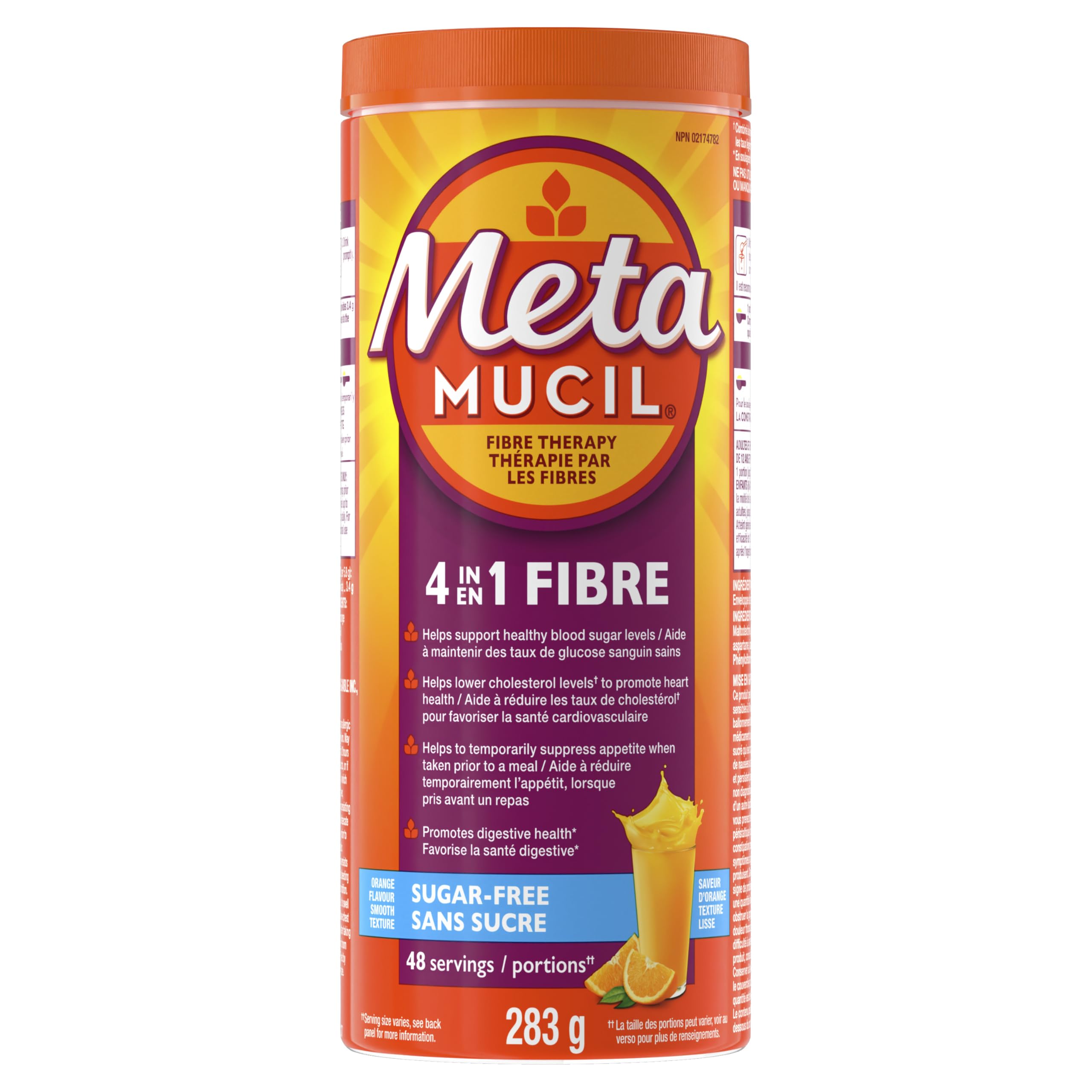 Metamucil, 4 in 1 Psyllium Husk Fibre Powder Supplement for Digestive Health, Orange Flavored, Sugar-Free, Smooth Powder, 48 Servings, 283g