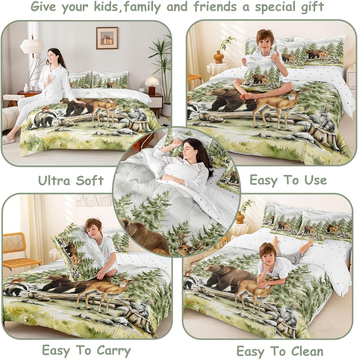 Feelyou Woodland Forest Comforter Set Twin for Kids Boys Girls Bedding Set