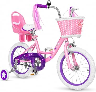 14 16 Inch Kids Bike Girls Toddle Bicycle Ages 3-7 Training Wheels | High Carbon Steel Frame, Training Wheels, Basket, Doll Seat, Hand & Coaster Brakes, Chain Guard, Adjustable Seat & Handlebar