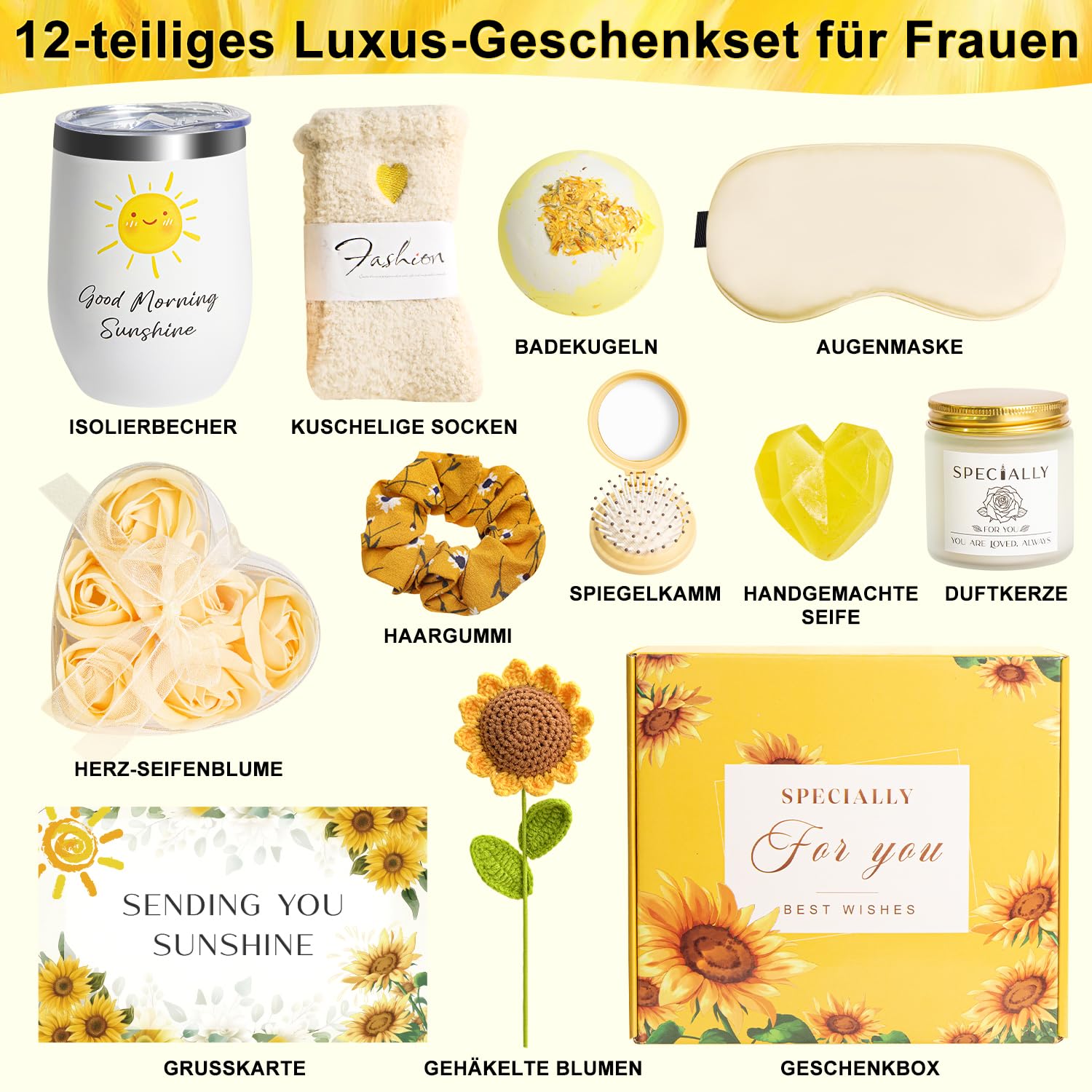 Geschenke für Frauen, 12-teiliges Geburtstagsgeschenk für Frauen, Geschenkset frauen, Weihnachtsgeschenke, Wellness-Geschenke, Entspannungsgeschenke für Sie, Mama, Oma,Freundin, Schwester(Sonnenblume)
