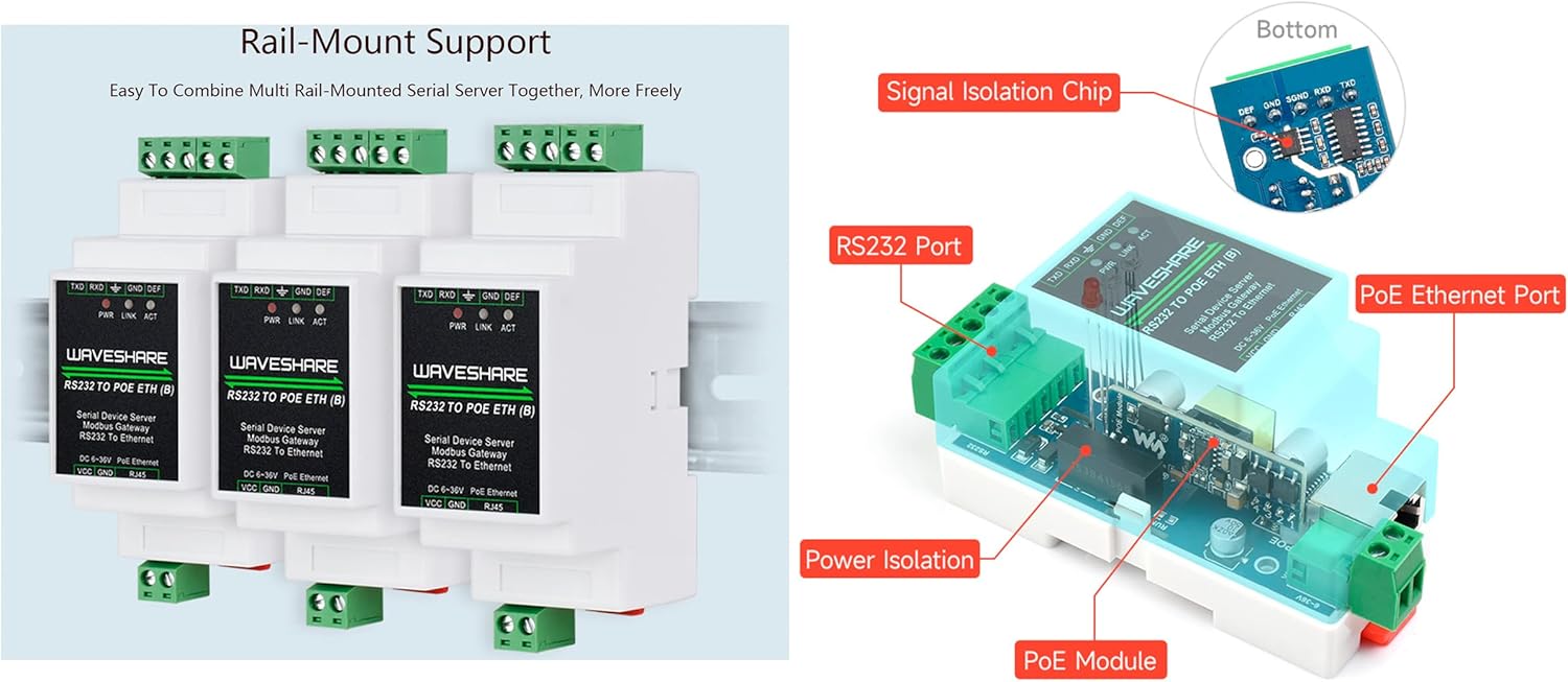 RS232 to RJ45 Ethernet Converter Adapter with POE Function,Rail-Mount RS232 Serial Server, Bi-Birectional Transparent Data Transmission Between RS232 and Ethernet, Support Modbus MQTT TCP/IP
