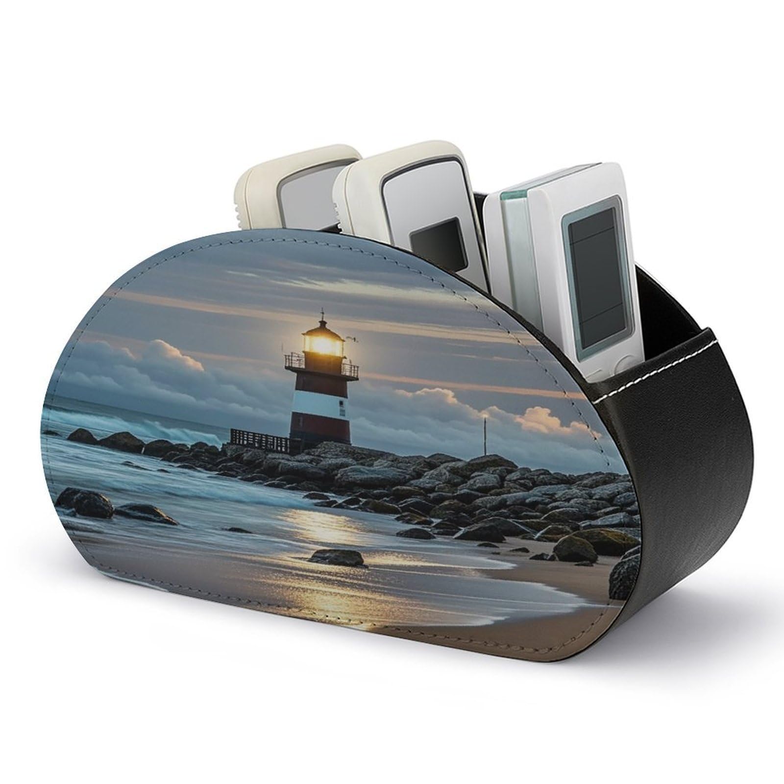 FekiLoot Sea Lighthouse Remote Control Holder with 5 Compartments - PU Leather Remote Caddy Desktop Organizer, Personalized TV Media Remote Storage Box for Home Coffee Desk Accessories