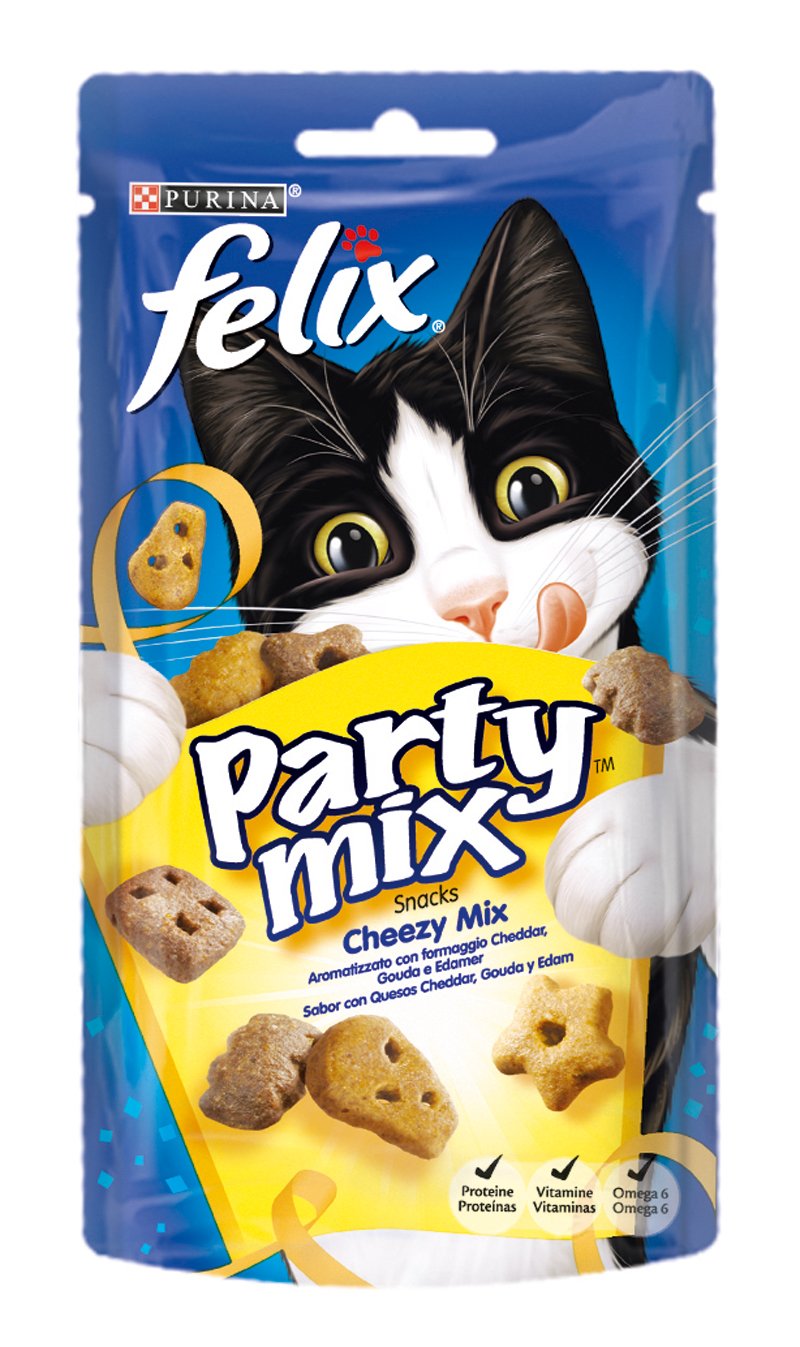 Purina Felix Party Mix Snack Chat Cheezy Mix avec Fromage Cheddar, Gouda et Edamer, 8 boîtes de 60 g