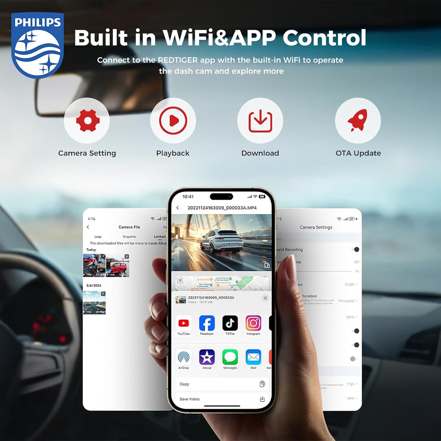 Smartphone screen showing the Philips DashCam app interface with options for camera settings, playback, download, and OTA updates.