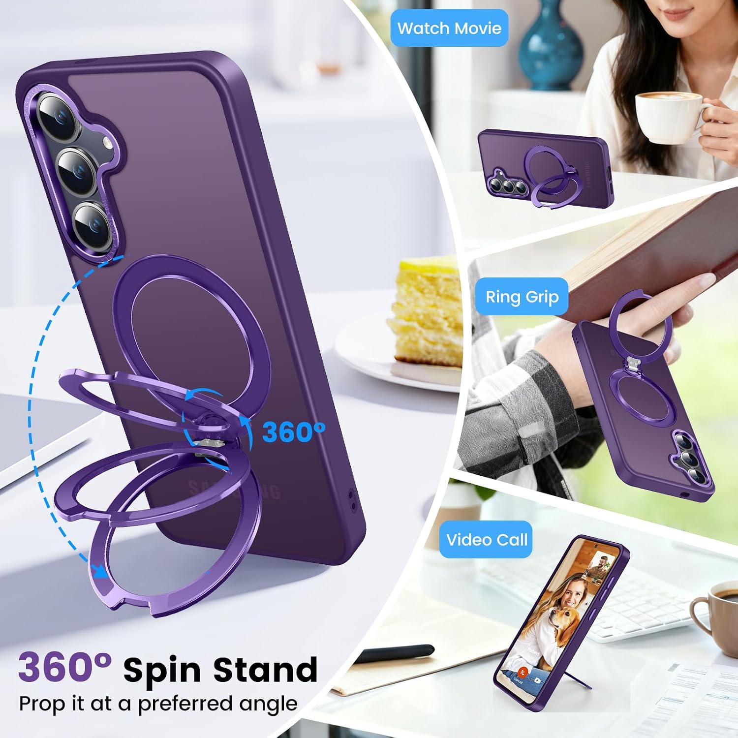 360° Spin Magnetic Ring Stand for Samsung Galaxy S24 Case, Military-Grade Drop and Shock, Supports Magnetic Charging, Translucent Matte Phone Case for Samsung S24 (Matte Purple)