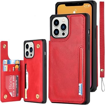 iCoverCase Compatible with iPhone 13 Pro Wallet Case with Card Holder and Wrist Strap, PU Leather Card Slots Kickstand Double Magnetic Clasp Shockproof Case 6.1 Inch Red