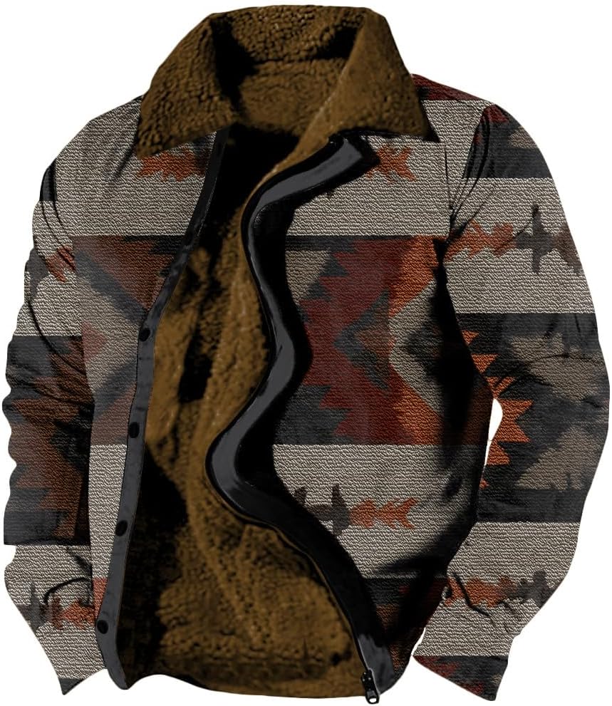 ZOCAVIA Men's Aztec Coat Western Ethnic Graphic Jackets Retro Zip up Jackets Cowboy Outwear Winter Fleece Patchwork Sherpa