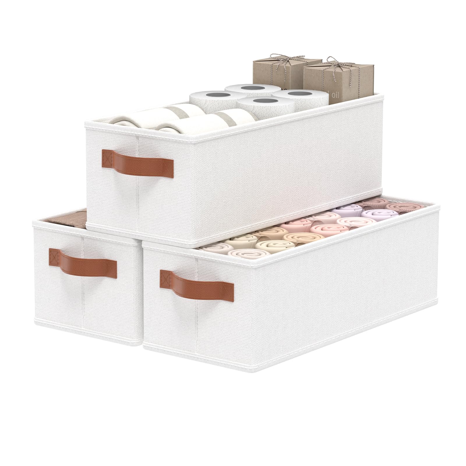 OUTBROS Set de 3 Boîtes de Rangement, 38 x 15.5 x 13 cm avec Poignée Panier en Tissu, Caisse Pliable Pour Armoire, Vêtements, Livres, Cosmétiques, Blanc
