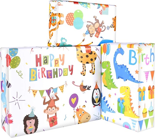 PLULON 6 Sheets Kids Dinosaur Happy Birthday Gift Wrapping Paper, Cute Cartoon Animal Birthday Wrapping Paper, Gift Wrap Paper Craft Present for Gift and Party