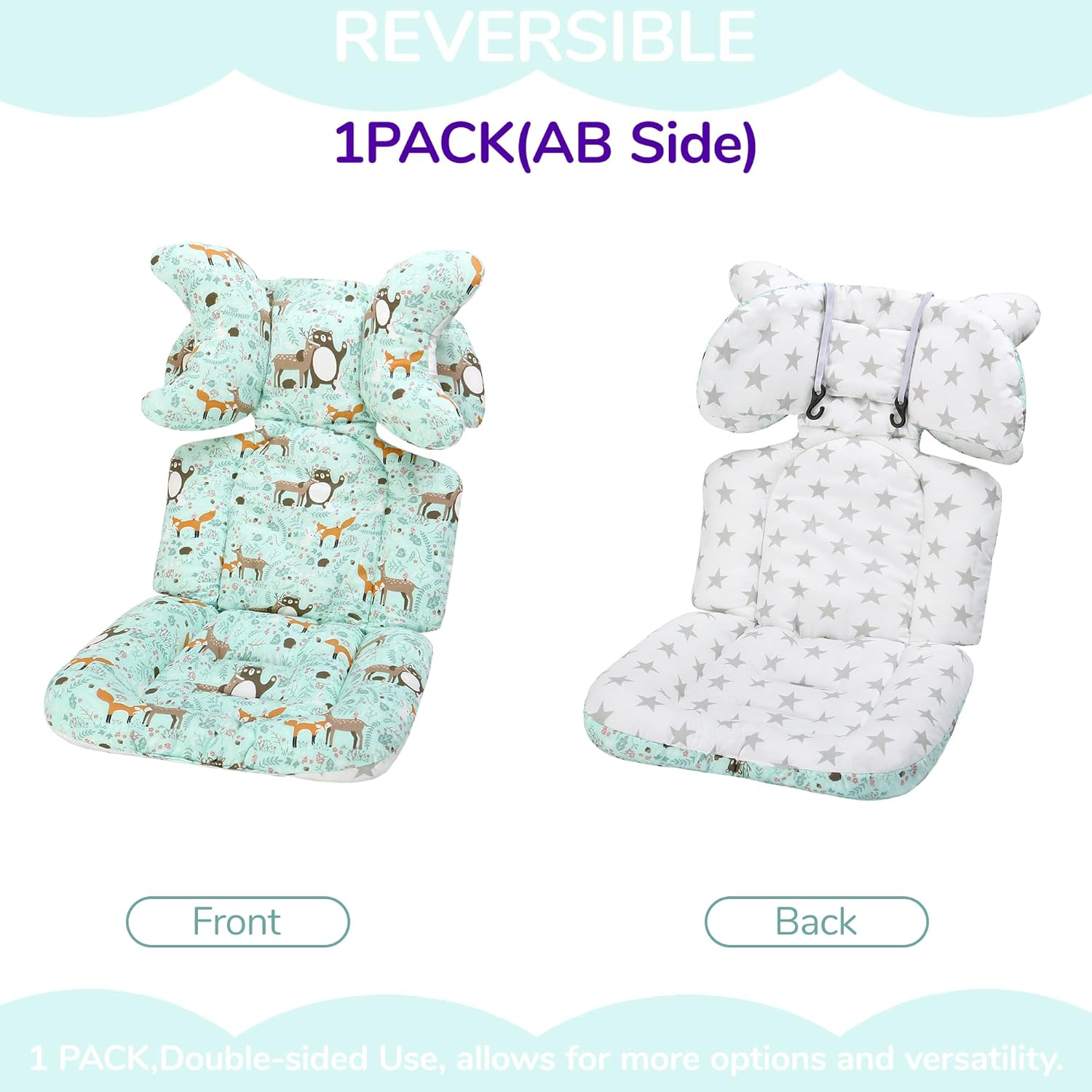 Baby Seat Liner for Stroller-Universal Soft & Breathable Stroller Cushion,Detachable Pillow Car Seat Liner,Cotton Baby Stroller Pad(Green Animal+White Stars)