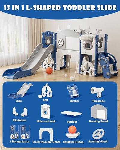 Miniatura 2 de YUFU Tobogán infantil 13 en 1 para niños pequeños, juego de tobogán con golf, tabla de dibujo, escalador, aro de baloncesto y espacio de