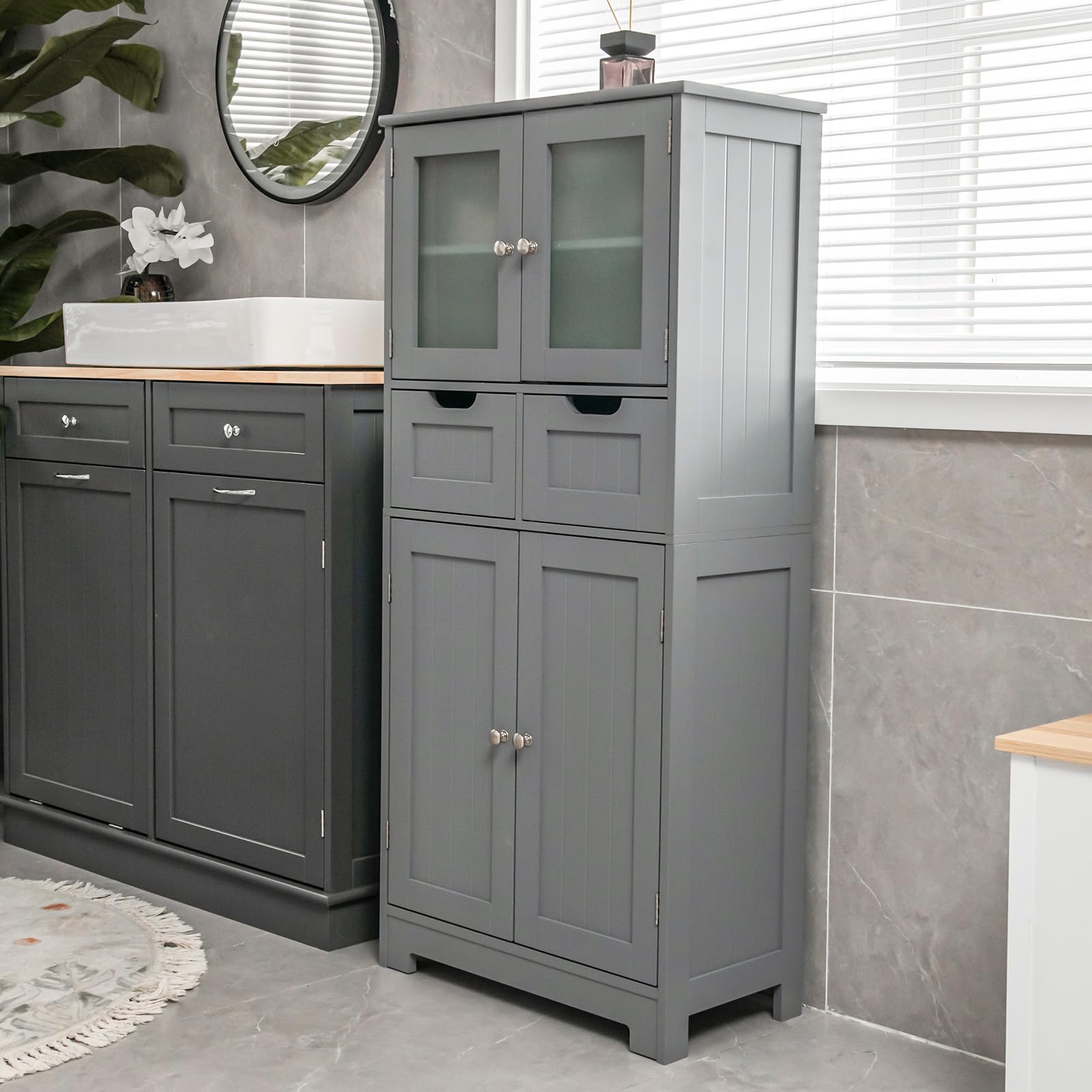 LIFEZEAL Mobiletto Bagno Salvaspazio in Legno, Armadio a 2 Ante in Vetro, Arredo Grande 60x30x128 cm, Mobile Dispensa Cucina con 2 cassetti, Vetrinetta Soggiorno Moderno e Alta, (grigio)