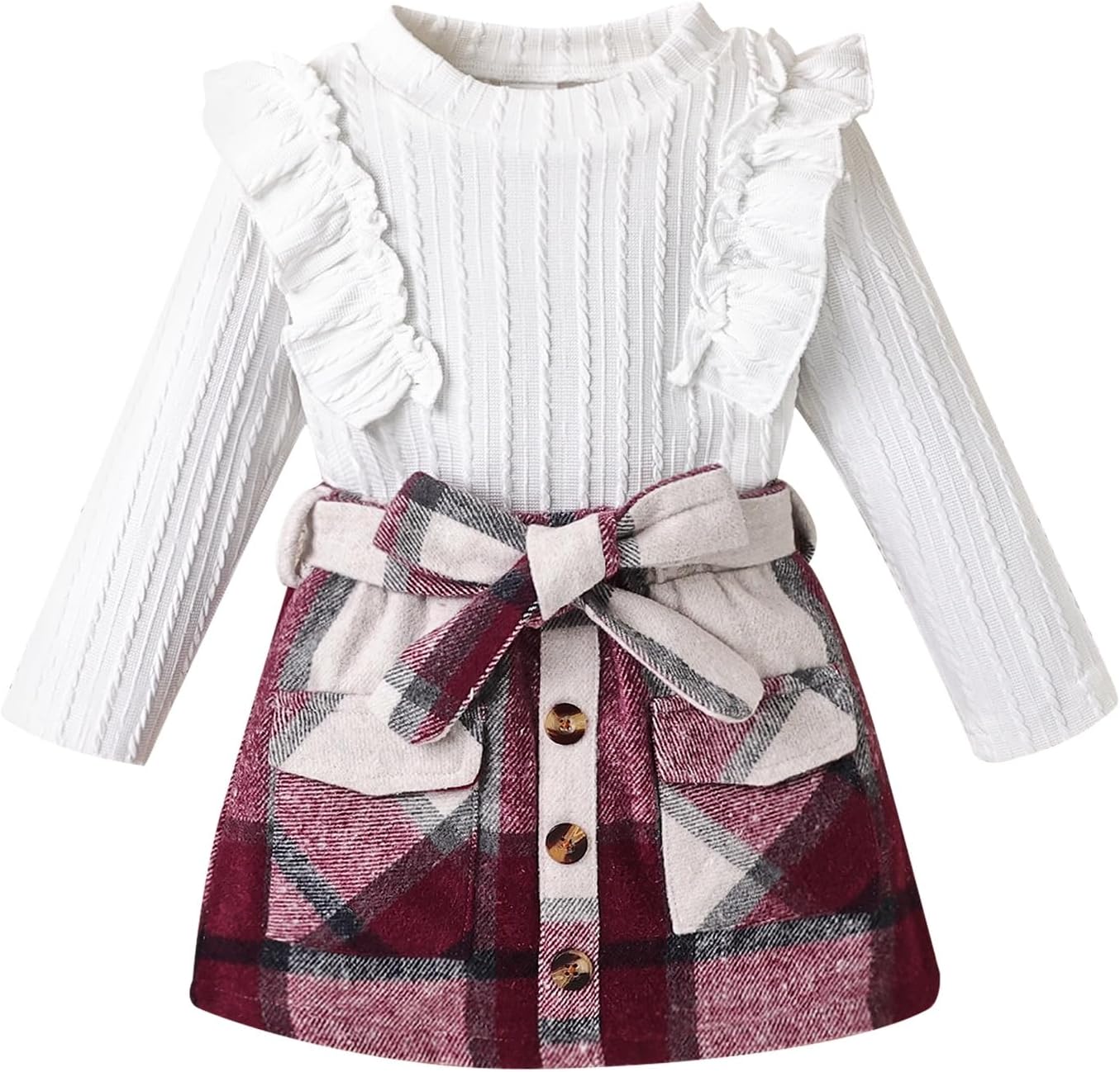Toddler Girl Fall Winter Clothes Cute Ruffled knitted Shirt Tops Plaid Pleated Mini Skirt Belt 3 Piece Outfit 2-6T