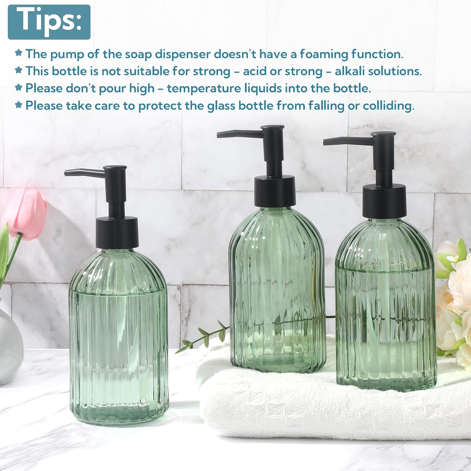 3 Pack Green Glass Soap Dispenser Set with Black Pump, 13.5oz Refillable Liquid Soap Dispenser, Premium Lotion & Dish Soap Bottle for Kitchen, Bathroom Vanity, Hotel Decor