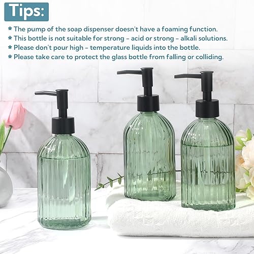 Miniatura 6 de Juego de 3 dispensadores de jabón de vidrio verde con bomba negra, dispensador de jabón líquido recargable de 13.5 onzas, loción premium y botella
