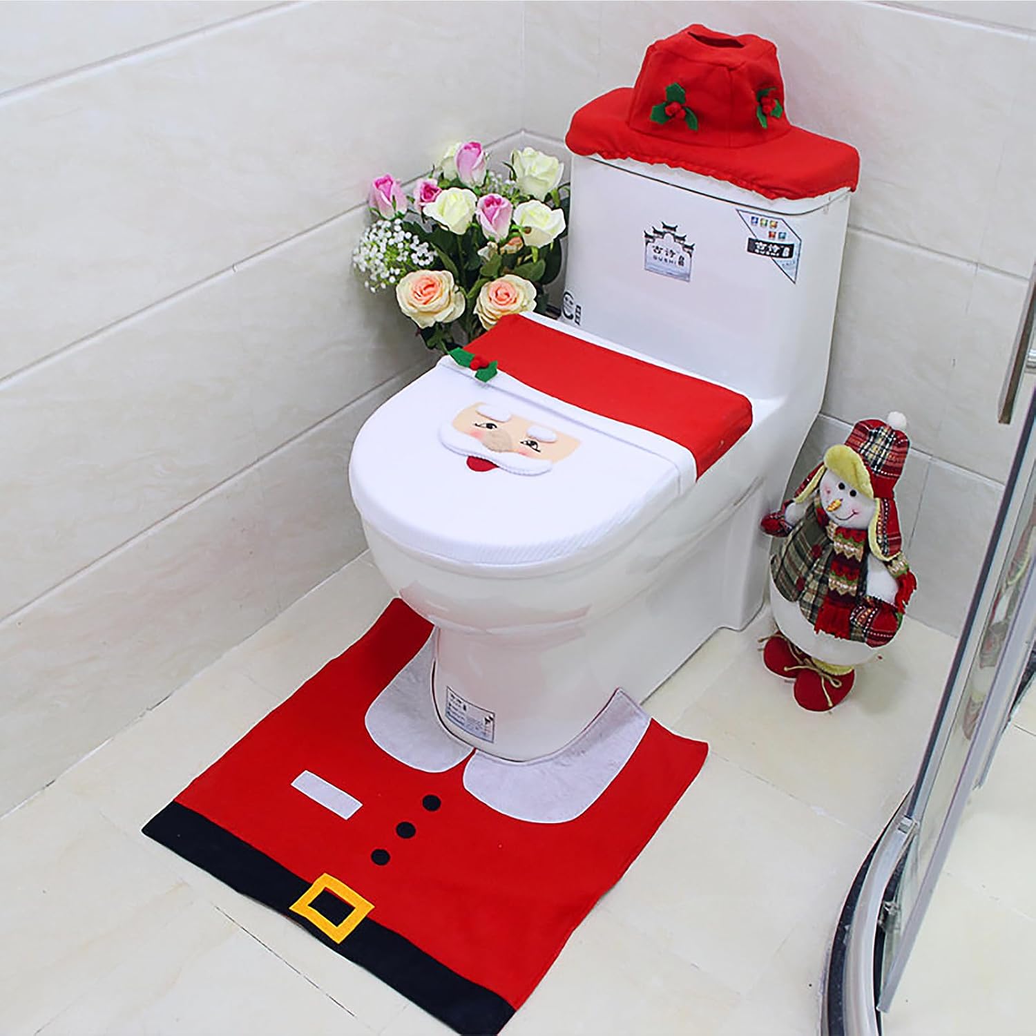4 PCS Christmas Bathroom Decoration Set Christmas Indoor Home Decor Toilet Set with Toilet Seat Cover,Tank Cover,Toilet Paper Box Cover and Rugs