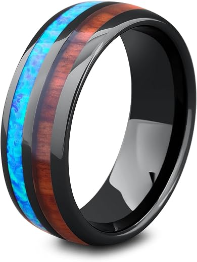 VIEN Unisex Tungsten Rings Inlaid Blue Opal Hawaiian Koa Wood High Polished Rings Stainless Steel Cubic Zirconia Titanium ...
